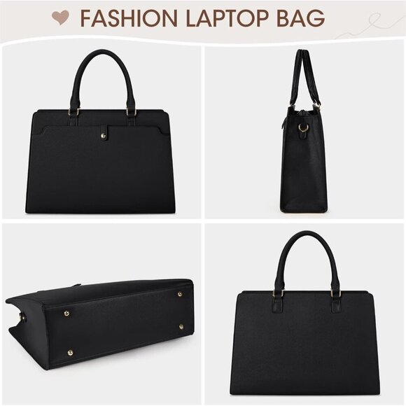 Leather Laptop Black Tote Bag for Women, Waterproof Work & Travel Bag - Picture 7 of 8